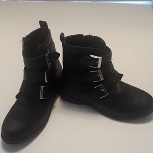 Three Buckle Kids Black Leather Combat Boots 6